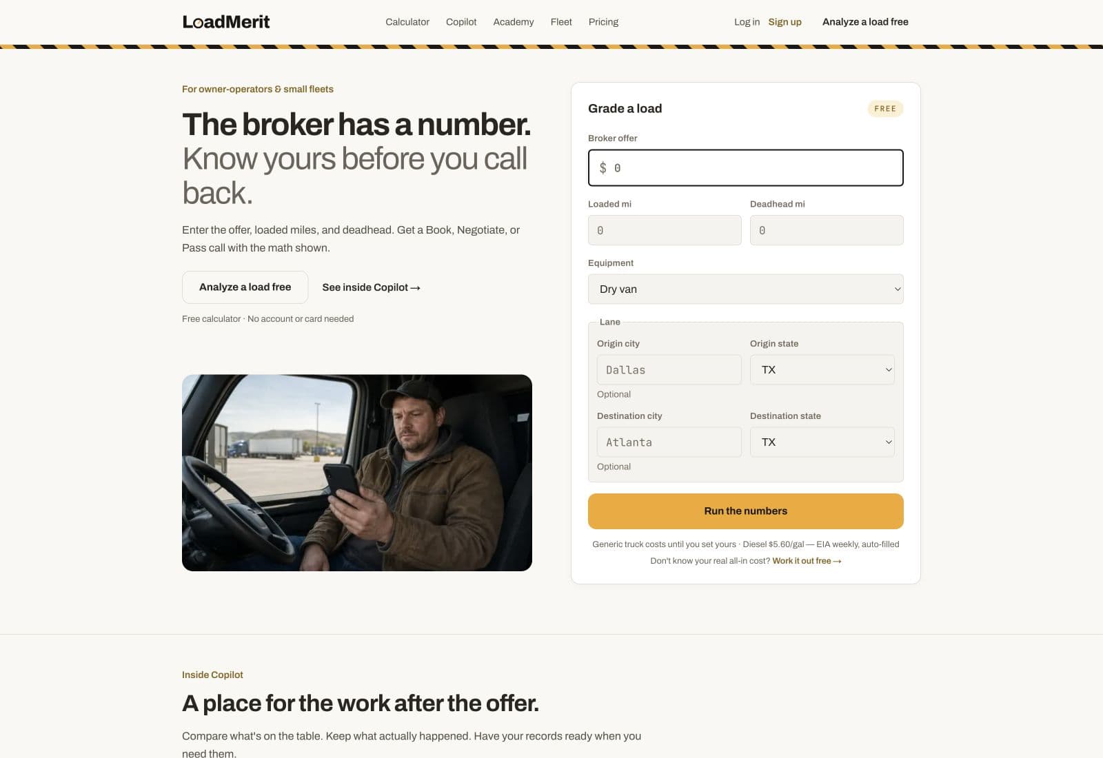 LoadMerit homepage with its navigation, headline, Grade a load form, and truck-cab image