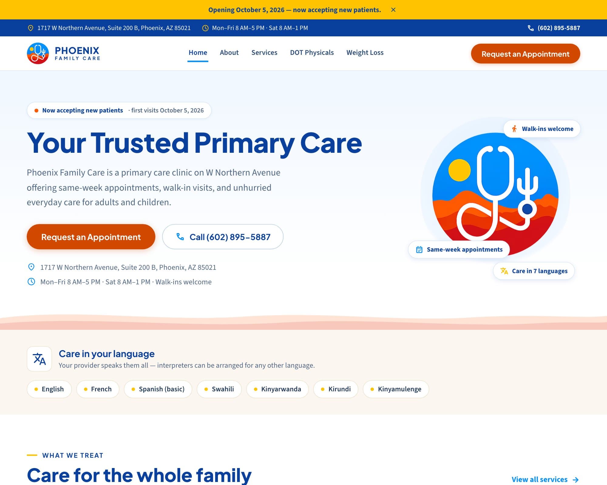 Phoenix Family Care: primary care clinic website